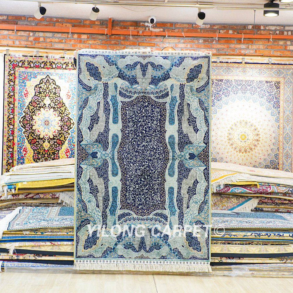 Turkish Silk Rug Blue Handmade Area Silk Rug 4x6ft - Image 3