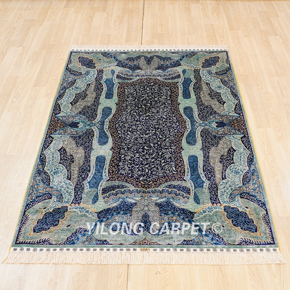 Turkish Silk Rug Blue Handmade Area Silk Rug 4x6ft - Image 4