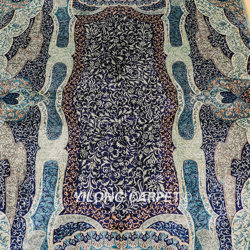 Turkish Silk Rug Blue Handmade Area Silk Rug 4x6ft - Image 9