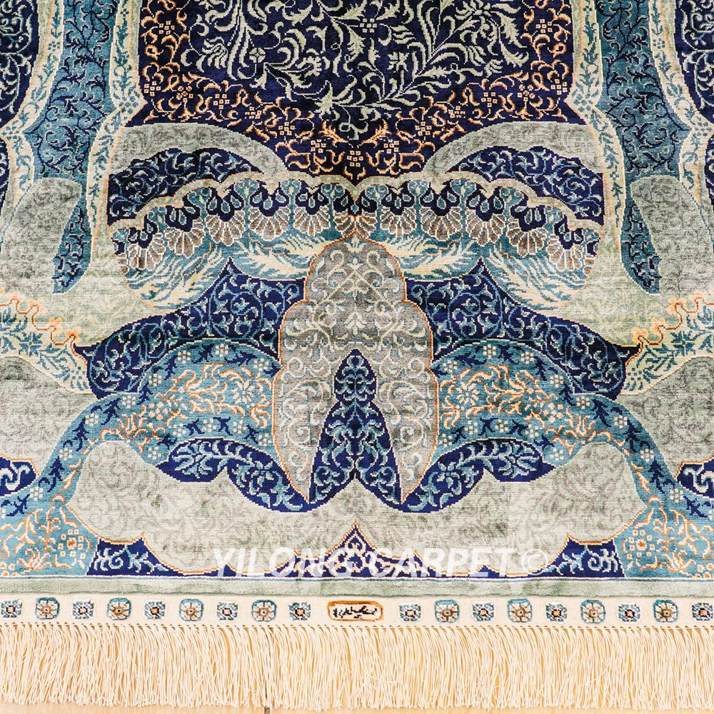 Turkish Silk Rug Blue Handmade Area Silk Rug 4x6ft - Image 5