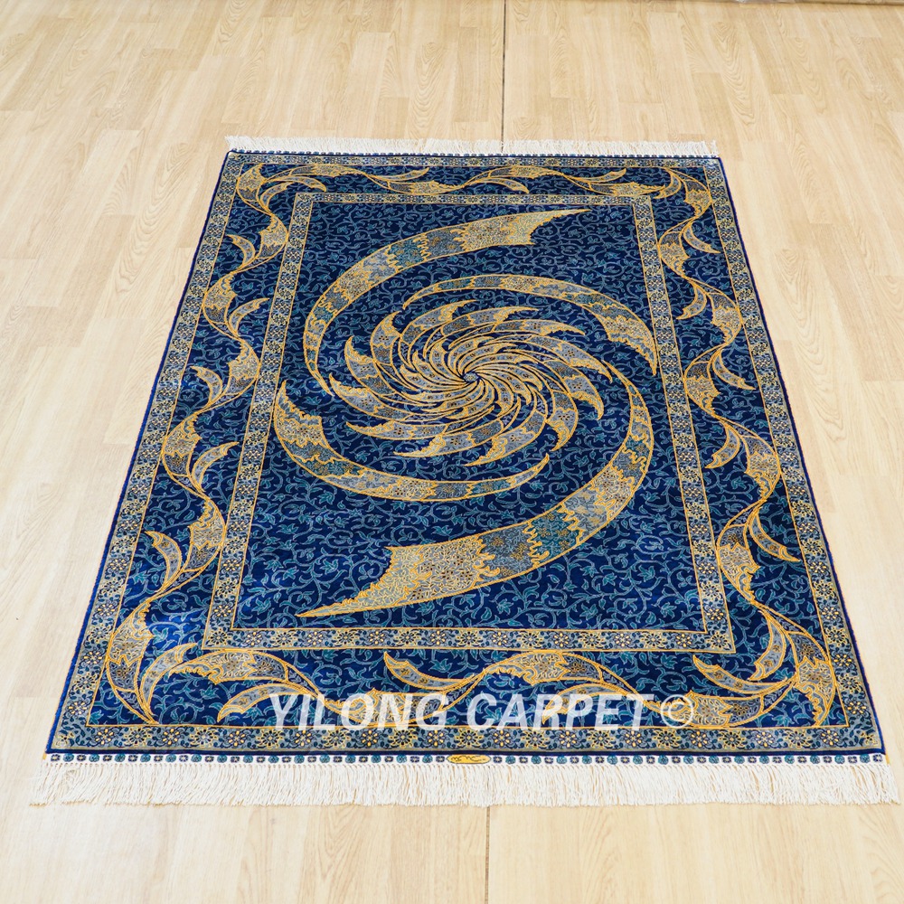 Handmade Turkish Rug Blue Oriental Area Silk Rug 4x6ft - Image 3