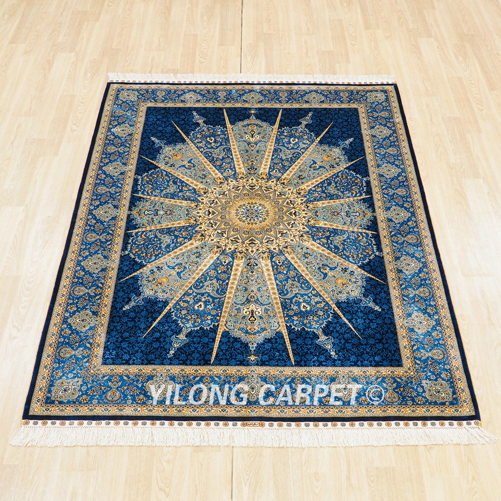 Turkish Carpet Oriental Silk Rug Blue Handmade Carpet 5x7ft - Image 3