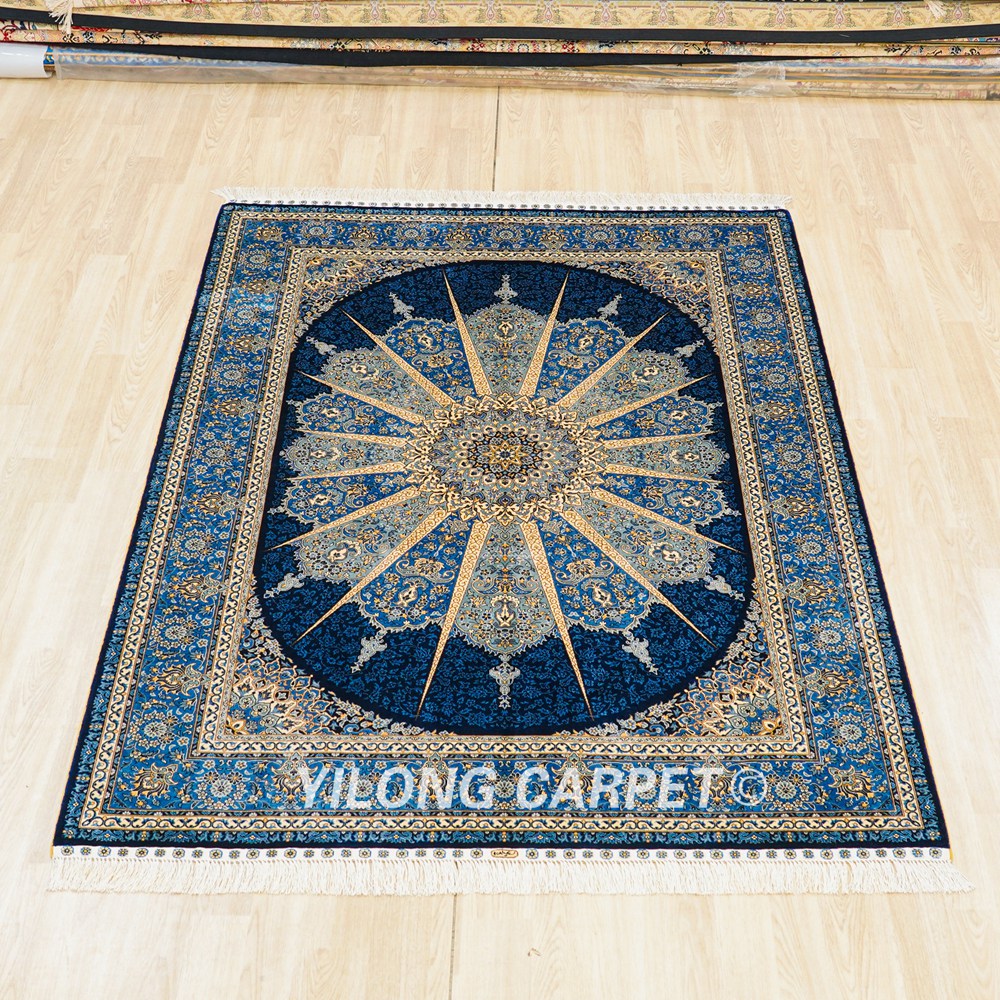 Turkish Carpet Oriental Silk Rug Blue Handmade Carpet 5x7ft - Image 3