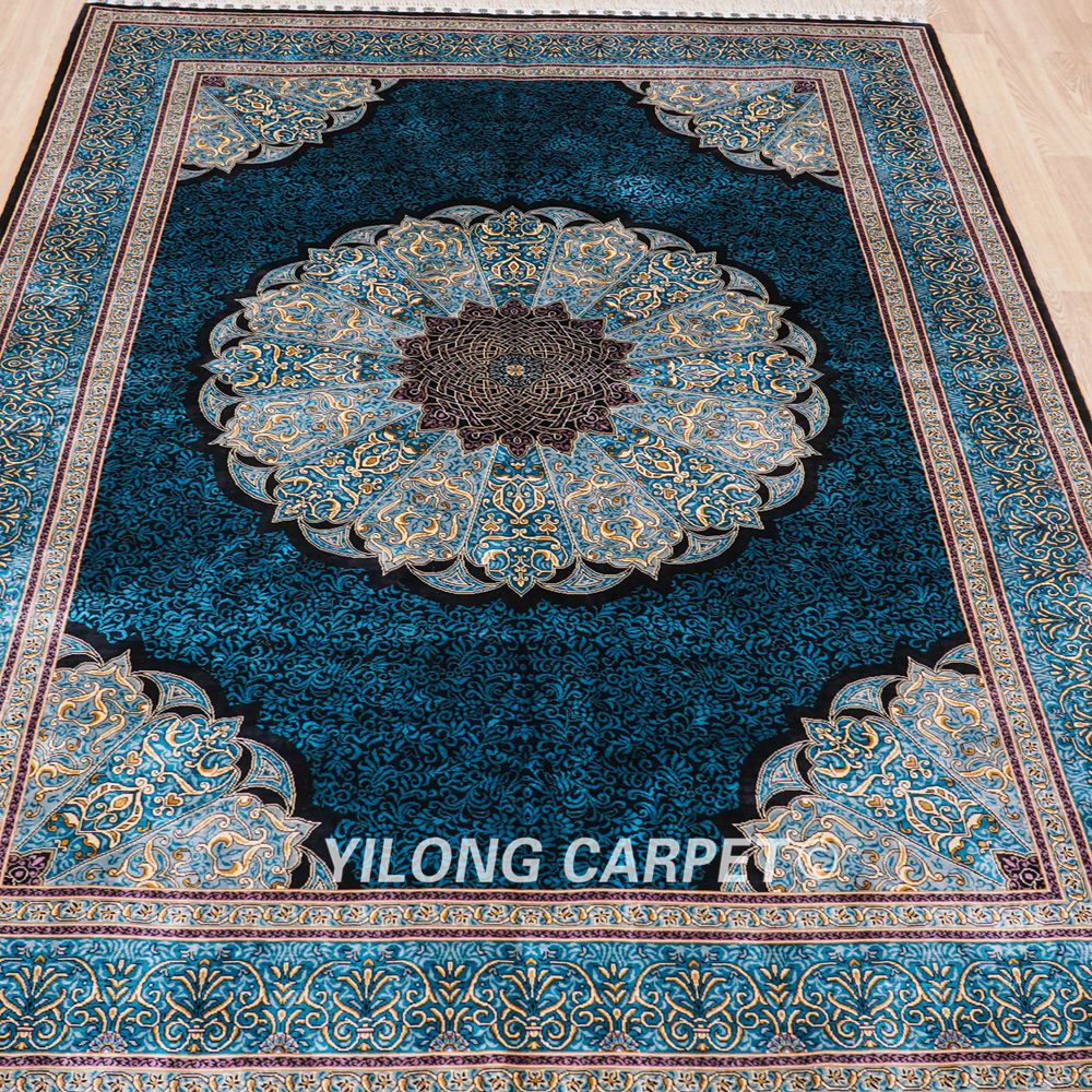 Turkish Silk Carpet Oriental Silk Rug Blue Handmade Carpet 5x7ft - Image 4