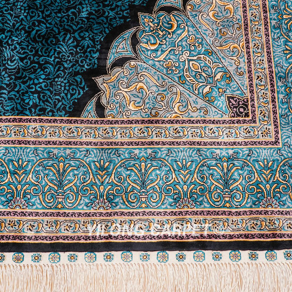 Turkish Silk Carpet Oriental Silk Rug Blue Handmade Carpet 5x7ft - Image 7