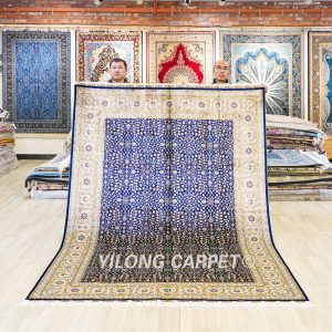 Seven Hill Flowers Turkish Blue Handmade Silk Carpet Luxury Oriental Rug 6x9ft