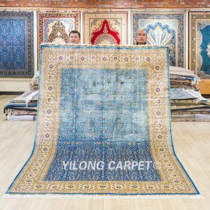Seven Hill Flowers Blue Turkish Silk Carpet Handmade Silk Carpet Oriental Rug 6x9ft