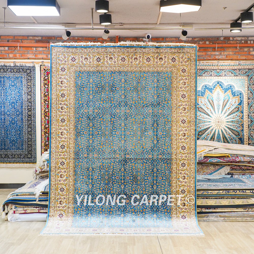 Seven Hill Flowers Blue Turkish Silk Carpet Handmade Silk Carpet Oriental Rug 6x9ft - Image 3