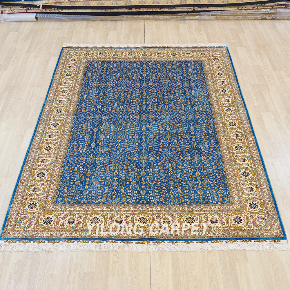 Seven Hill Flowers Blue Turkish Silk Carpet Handmade Silk Carpet Oriental Rug 6x9ft - Image 4