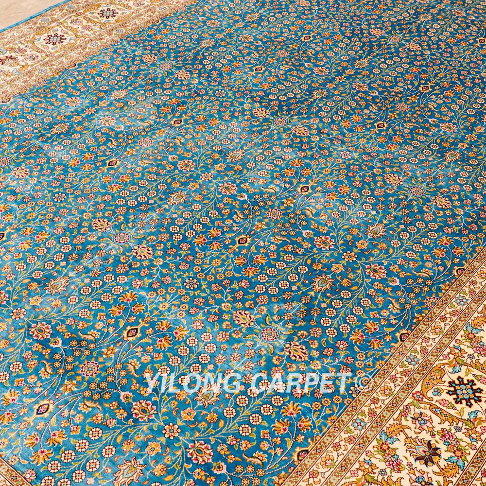 Seven Hill Flowers Blue Turkish Silk Carpet Handmade Silk Carpet Oriental Rug 6x9ft - Image 5