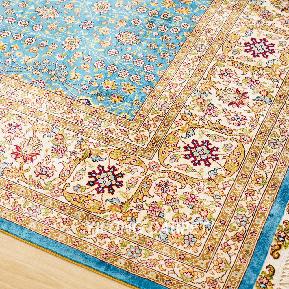 Seven Hill Flowers Blue Turkish Silk Carpet Handmade Silk Carpet Oriental Rug 6x9ft - Image 6