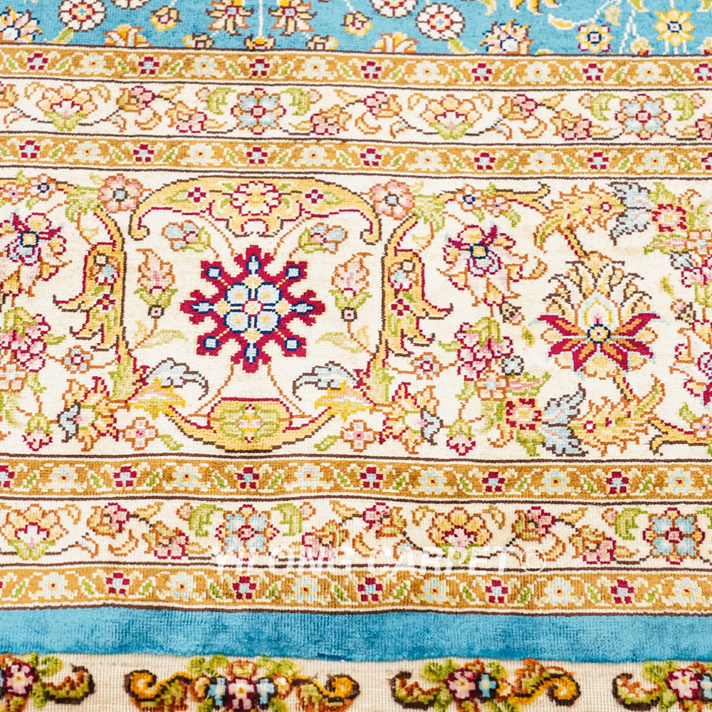 Seven Hill Flowers Blue Turkish Silk Carpet Handmade Silk Carpet Oriental Rug 6x9ft - Image 7