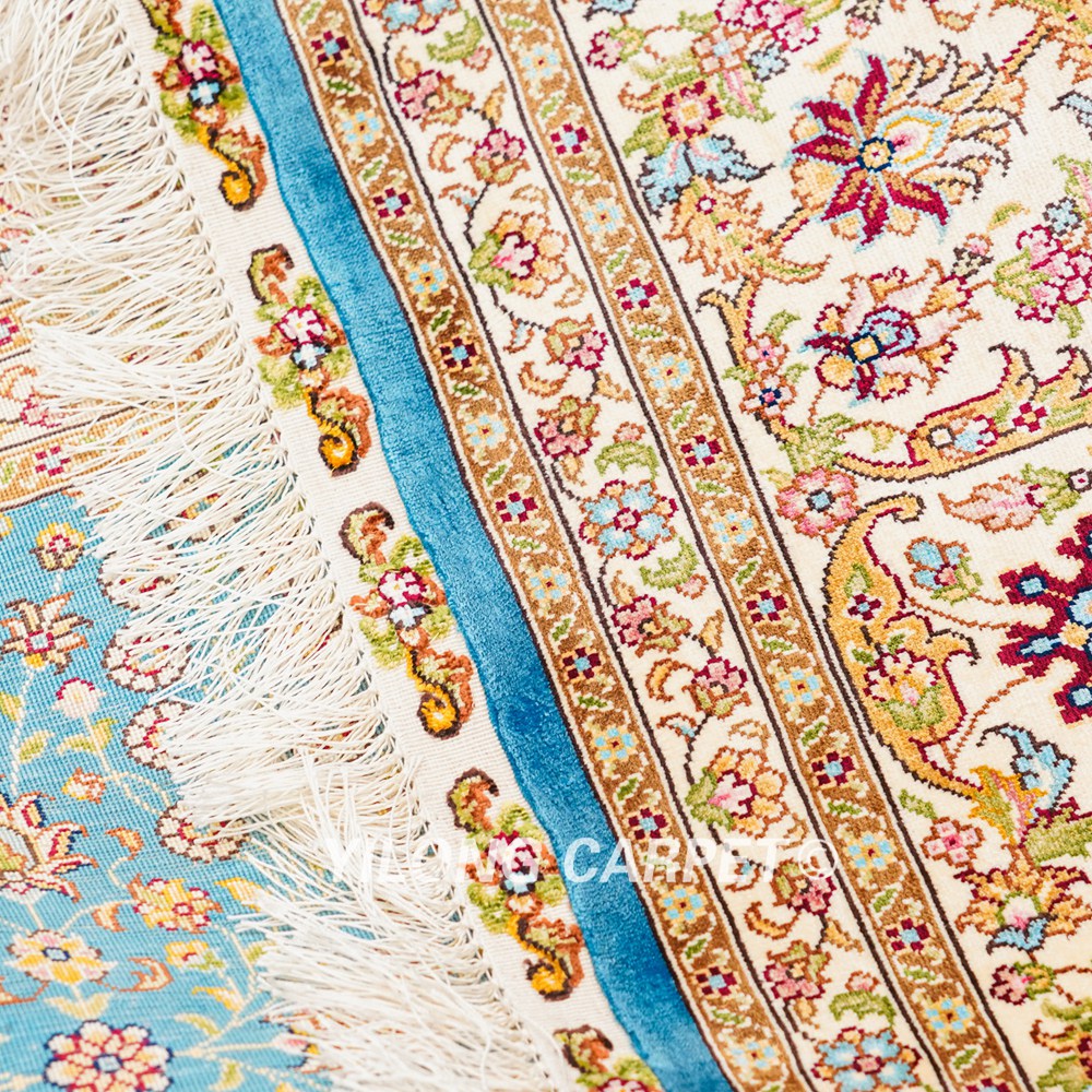 Seven Hill Flowers Blue Turkish Silk Carpet Handmade Silk Carpet Oriental Rug 6x9ft - Image 8