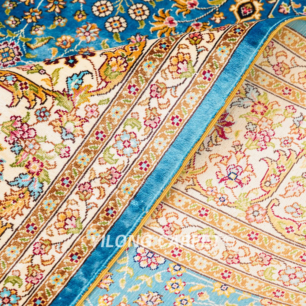 Seven Hill Flowers Blue Turkish Silk Carpet Handmade Silk Carpet Oriental Rug 6x9ft - Image 9