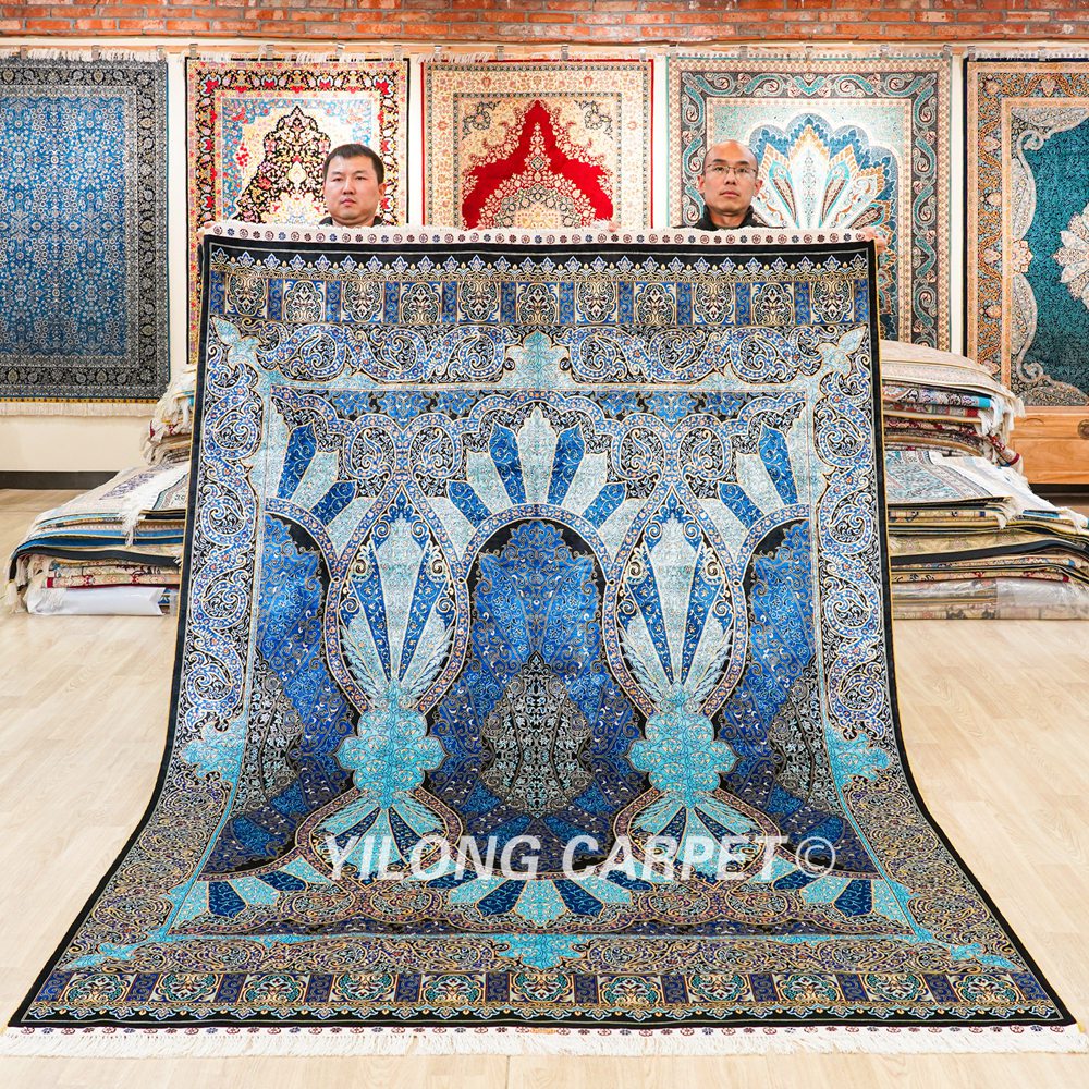 Turkish Carpet Blue Handmade Silk Carpet Luxury Oriental Rug 6x9ft