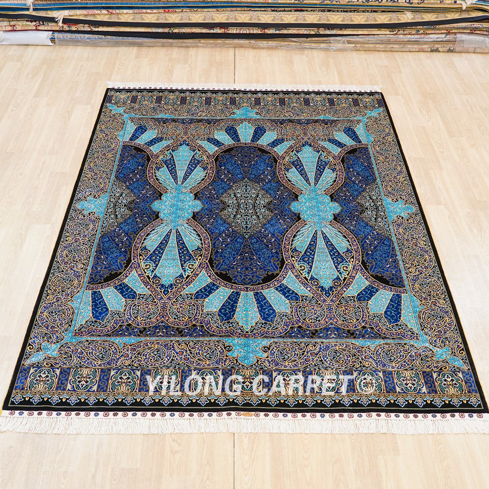 Turkish Carpet Blue Handmade Silk Carpet Luxury Oriental Rug 6x9ft - Image 4