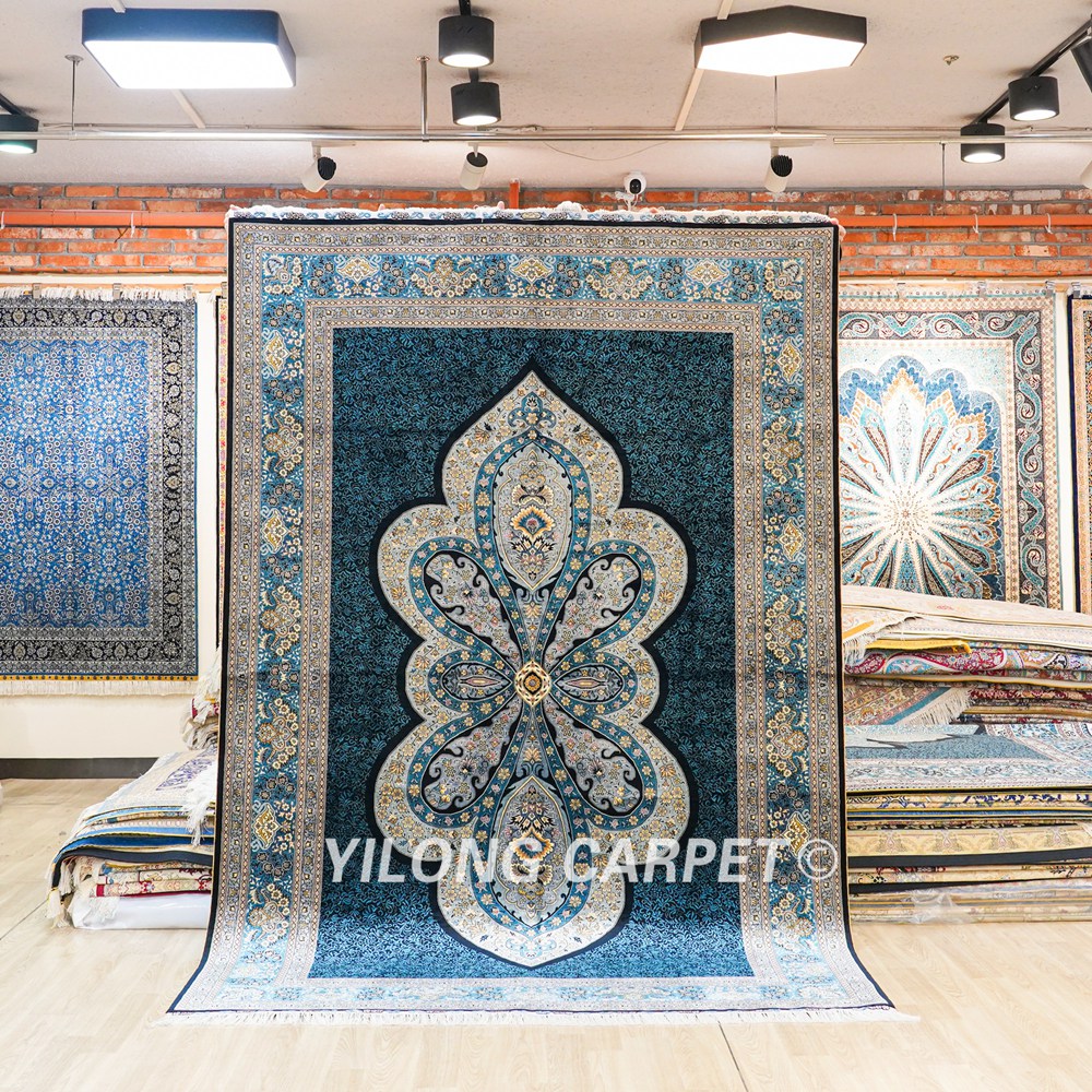 Blue Turkish Handmade Silk Carpet Luxury Oriental Rug 6x9ft - Image 3
