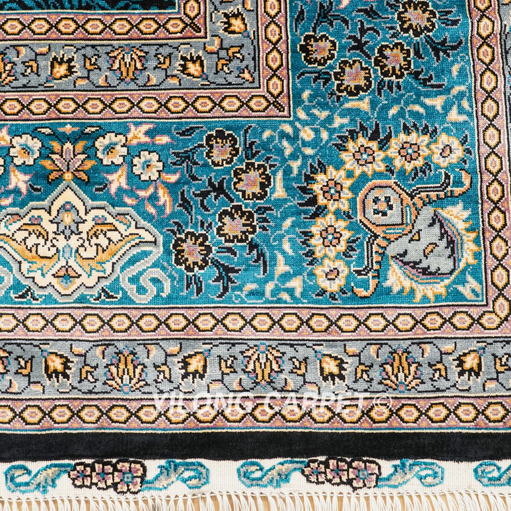 Blue Turkish Handmade Silk Carpet Luxury Oriental Rug 6x9ft - Image 8