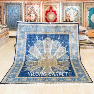 Hand-Knotted Silk Carpet Blue Turkish Silk Carpet for Villa Room 8x10ft
