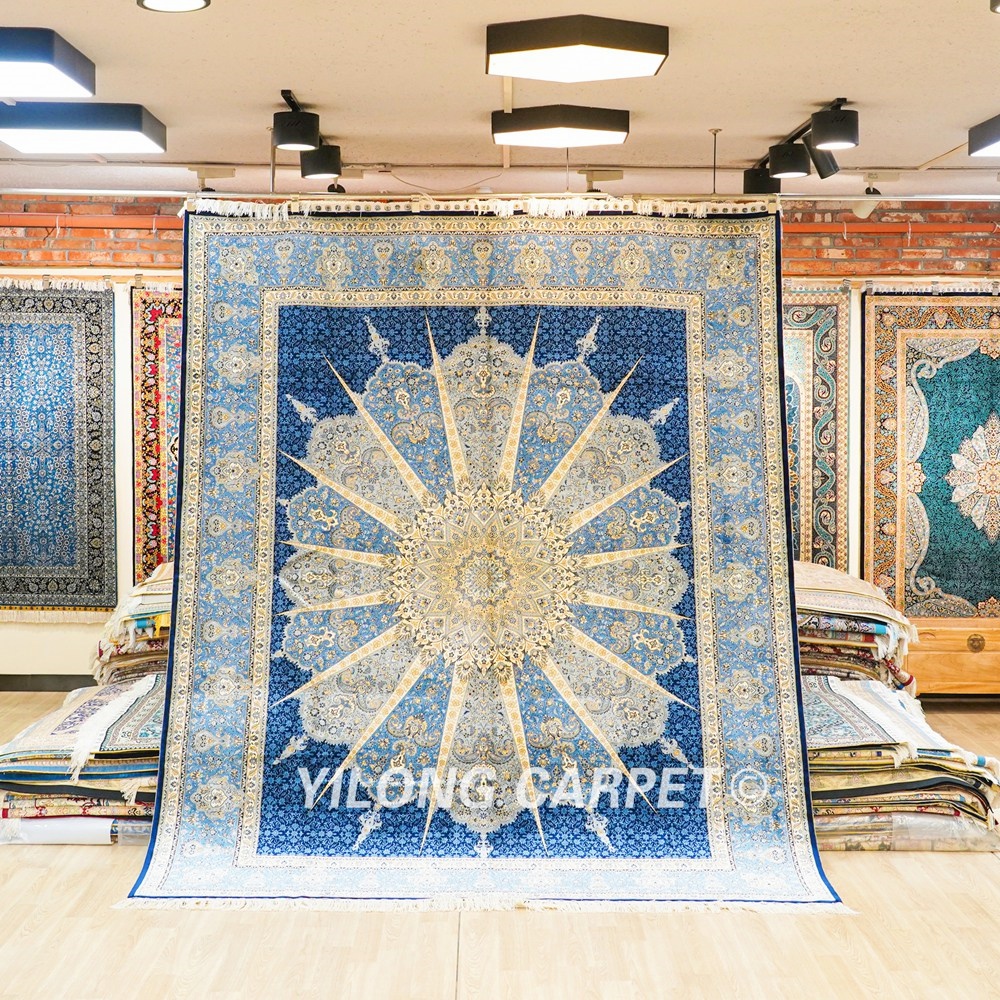 Hand-Knotted Silk Carpet Blue Turkish Silk Carpet for Villa Room 8x10ft - Image 3