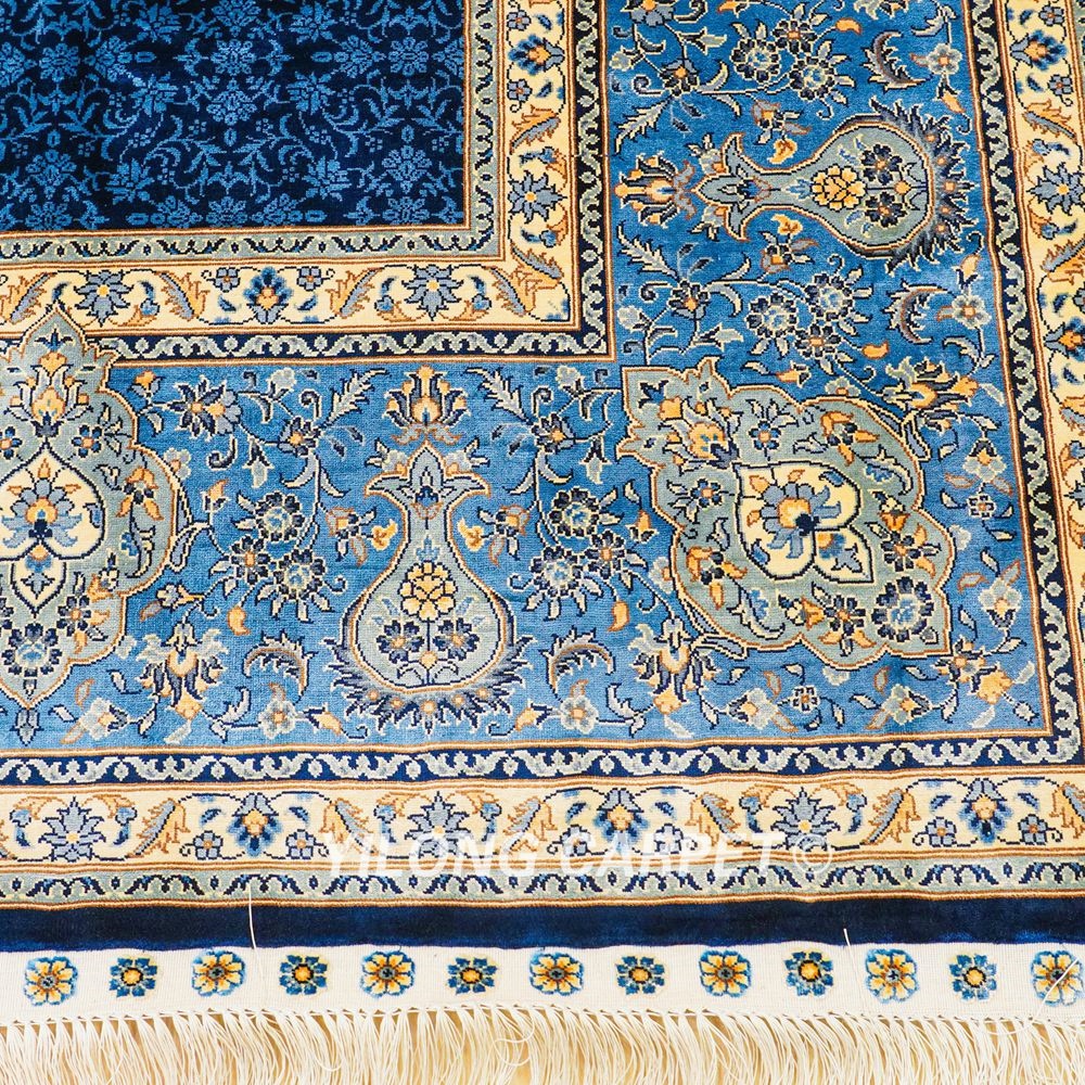 Hand-Knotted Silk Carpet Blue Turkish Silk Carpet for Villa Room 8x10ft - Image 7