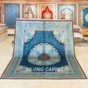 Turkish Silk Carpet Blue Hand-Knotted Silk Carpet for Villa Room 8x10ft