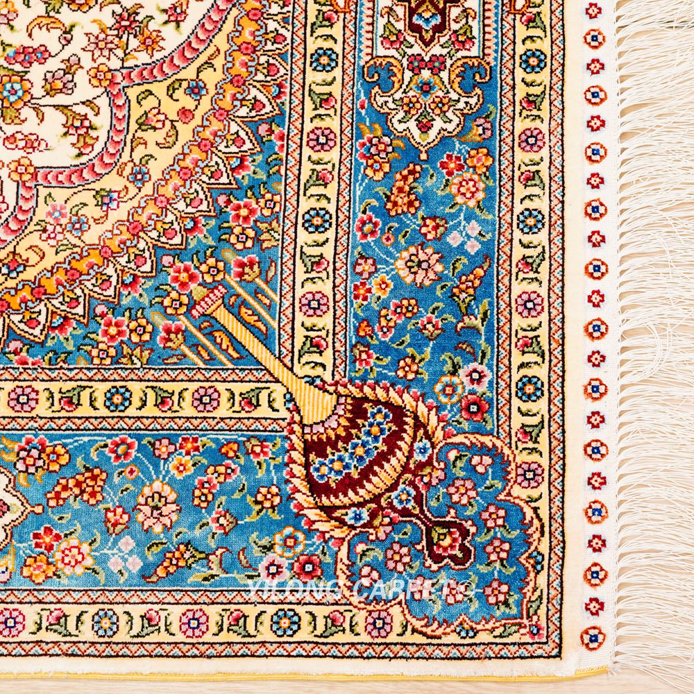 Persian Silk Rug Beige Handmade Silk Oriental Rug 3x5ft - Image 7