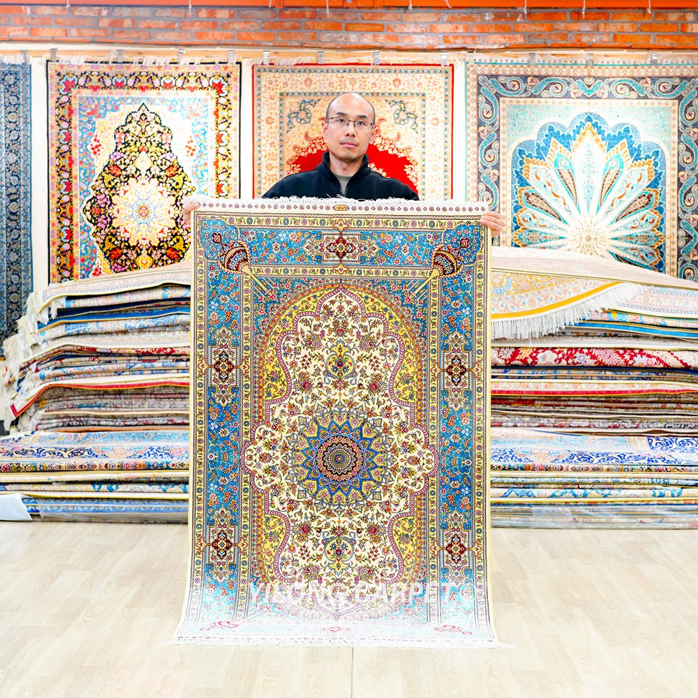 Persian Silk Rug Beige Handmade Silk Oriental Rug 3x5ft - Image 9