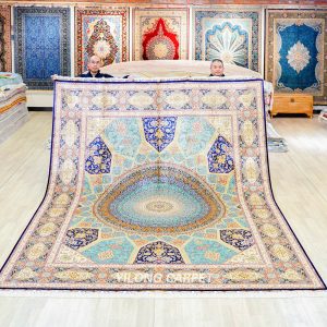 Persian Rug Hand Knotted Blue Dom Design Silk Oriental Carpet 9x12ft