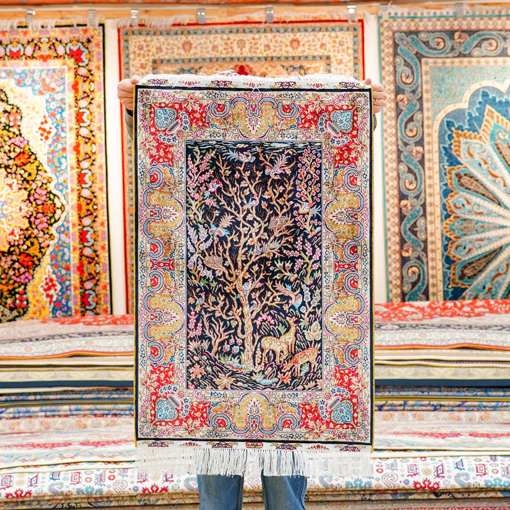 Tree of Life Design Persian Rug Tapestry Oriental Hand Knotted Silk Rug 2x3ft - Image 3