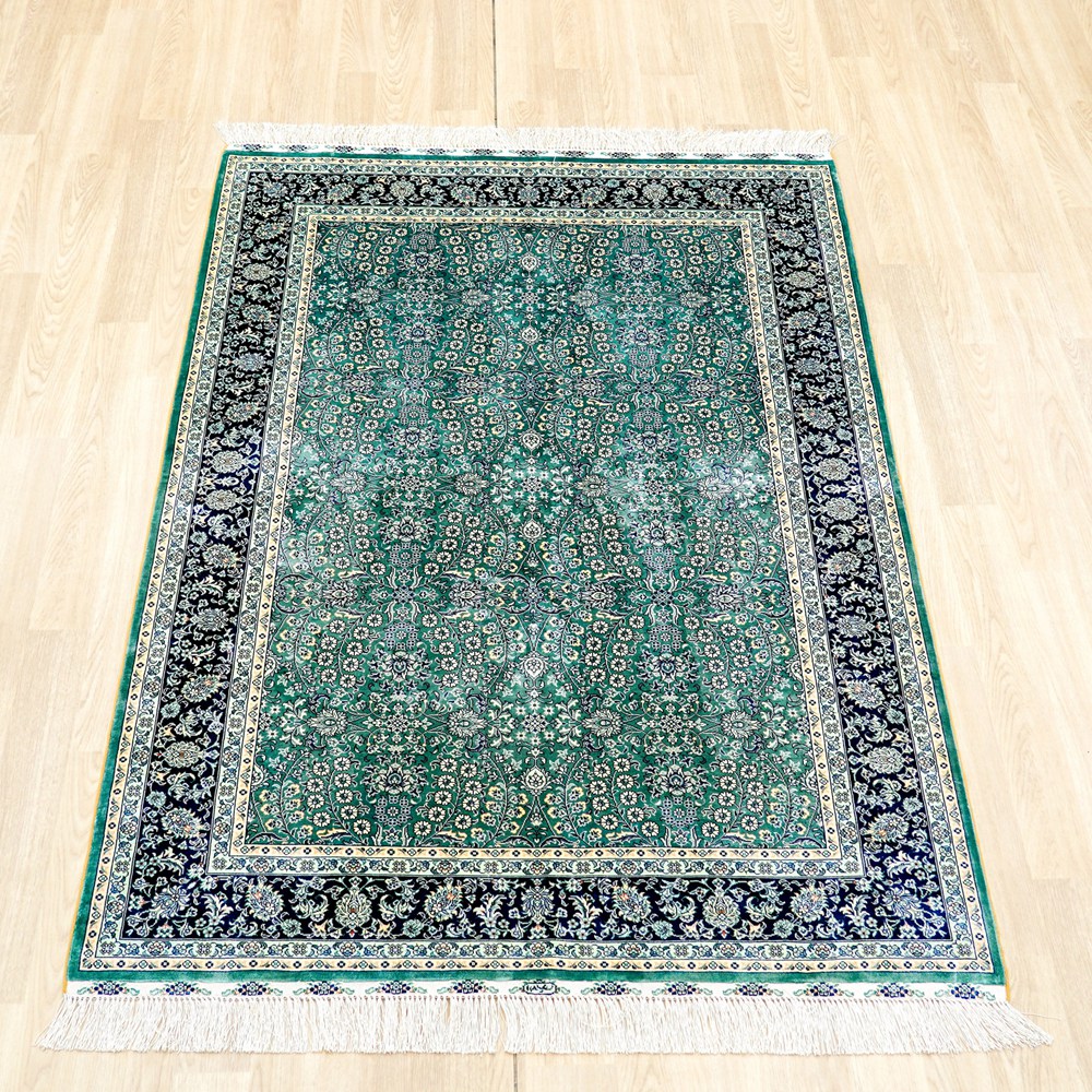 Emerald Green Silk Turkish Hereke Handmade Area Silk Rug 4x6ft - Image 4