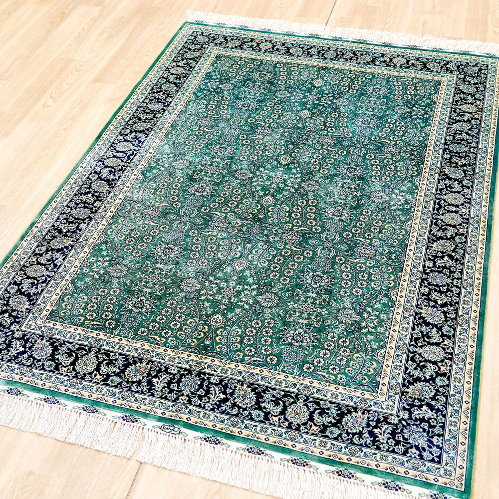 Emerald Green Silk Turkish Hereke Handmade Area Silk Rug 4x6ft - Image 5