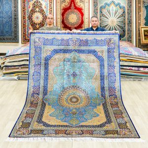 Persian Silk Rug Blue Handmade Silk Carpet Luxury Oriental Rug 6x9ft