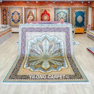 Grey Peacock Design Hand-Knotted Turkish Silk Carpet for Villa Room 8x10ft