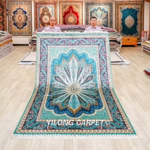 Blue Peacock Design Silk Rug Turkish Handmade Silk Room Carpet 6x9ft