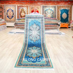 Silk Rug Runner Handmade Blue Peacock Design Turkish Silk Rug 3x9ft