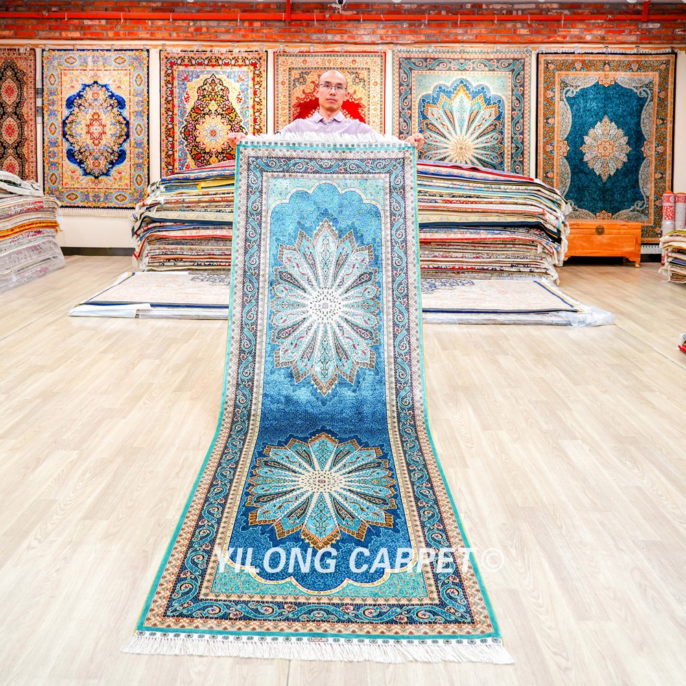 Silk Rug Runner Handmade Blue Peacock Design Turkish Silk Rug 3x9ft