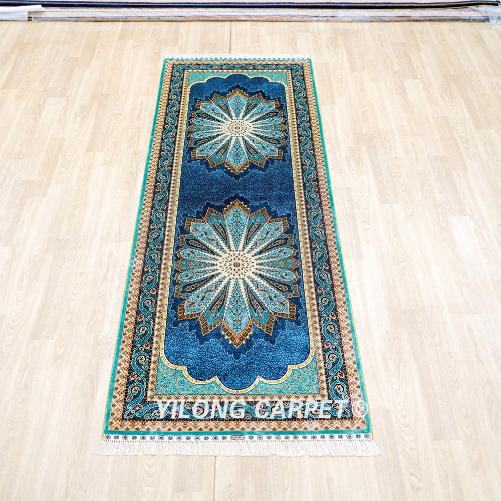 Silk Rug Runner Handmade Blue Peacock Design Turkish Silk Rug 3x9ft - Image 3