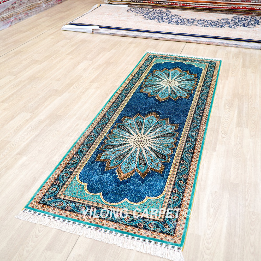 Silk Rug Runner Handmade Blue Peacock Design Turkish Silk Rug 3x9ft - Image 4