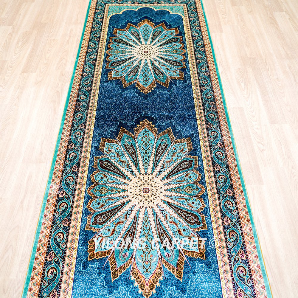 Silk Rug Runner Handmade Blue Peacock Design Turkish Silk Rug 3x9ft - Image 5