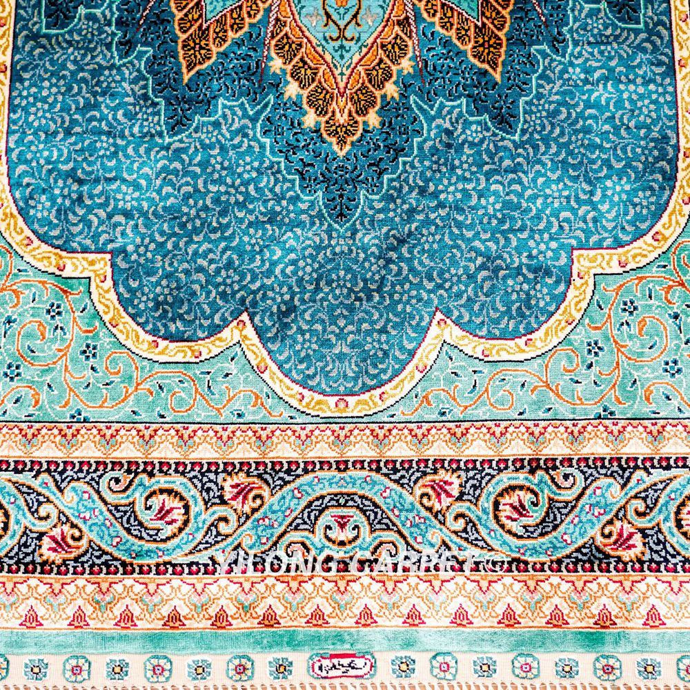 Silk Rug Runner Handmade Blue Peacock Design Turkish Silk Rug 3x9ft - Image 6