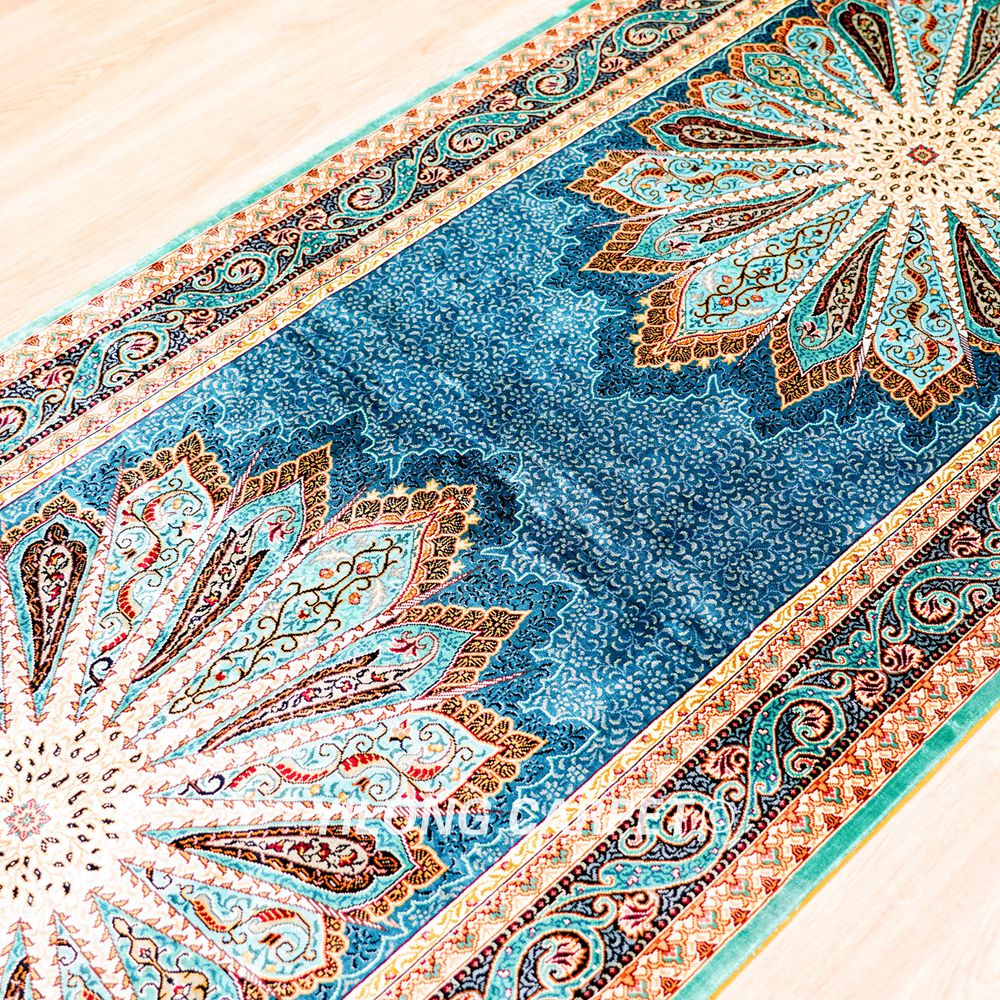 Silk Rug Runner Handmade Blue Peacock Design Turkish Silk Rug 3x9ft - Image 7