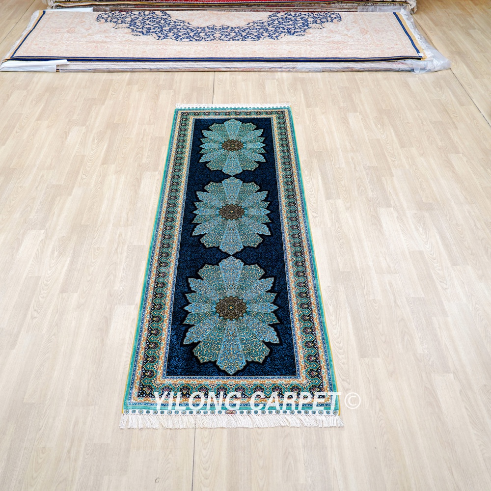 Blue Silk Rug Runner Handmade Turkish Silk Rug 3x9ft - Image 3