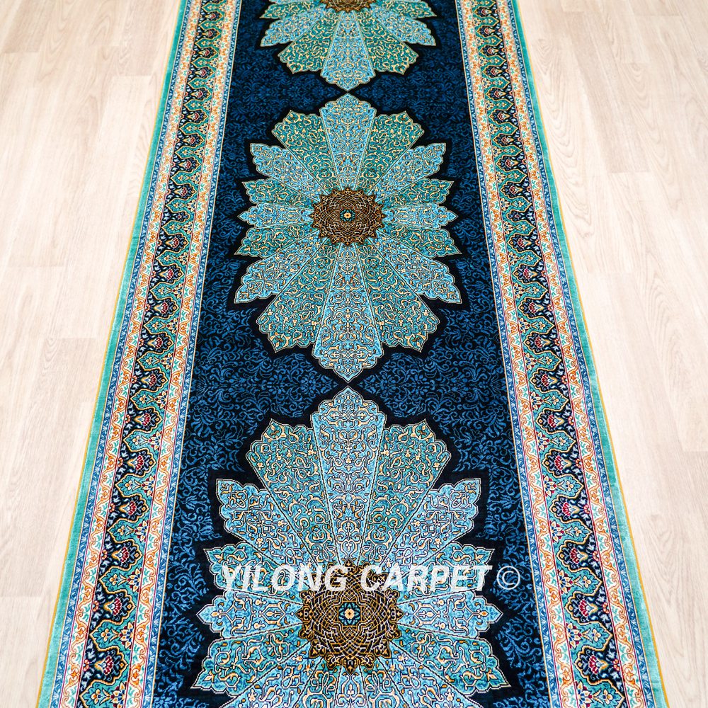 Blue Silk Rug Runner Handmade Turkish Silk Rug 3x9ft - Image 4