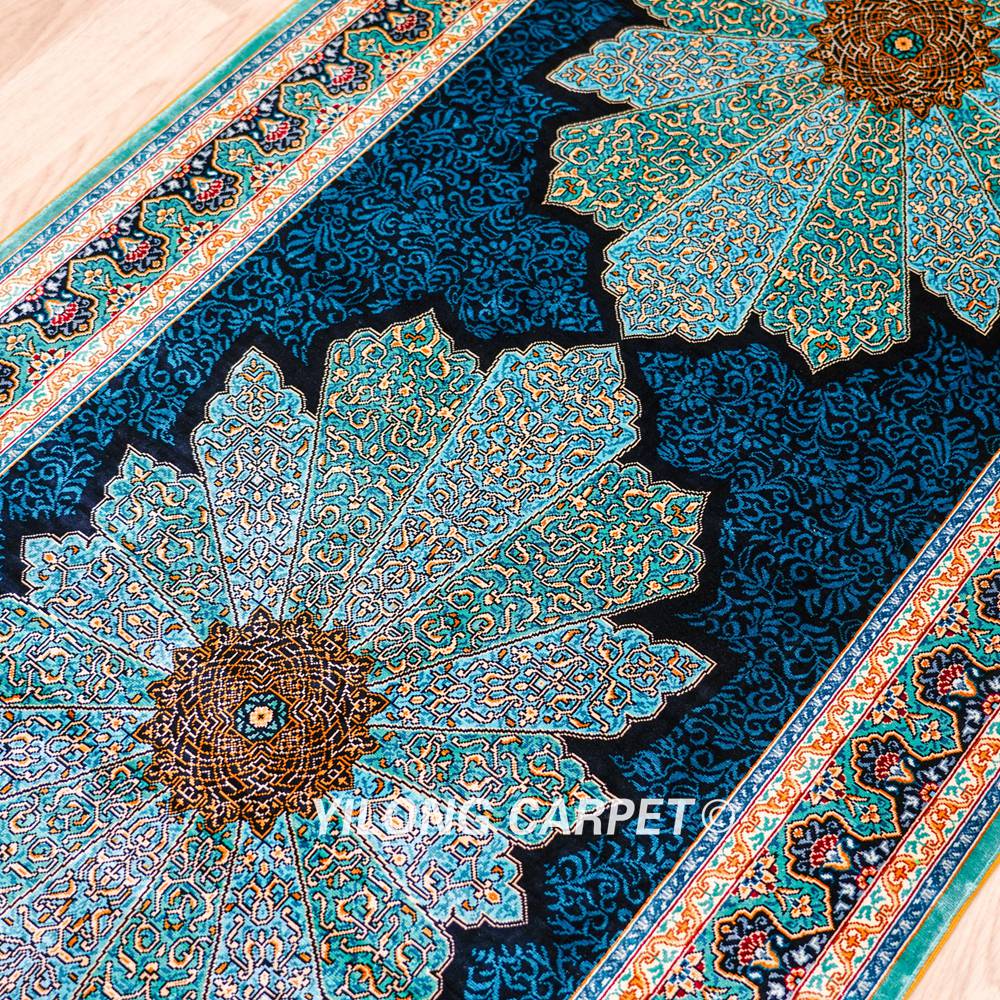 Blue Silk Rug Runner Handmade Turkish Silk Rug 3x9ft - Image 6