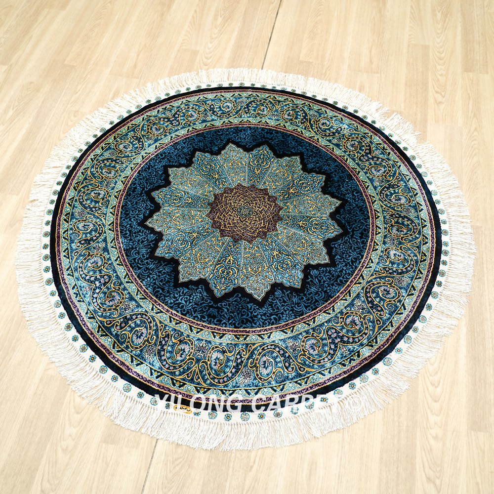 Handmade Rug Blue Silk Turkish Villa Round Carpet 4x4ft - Image 3