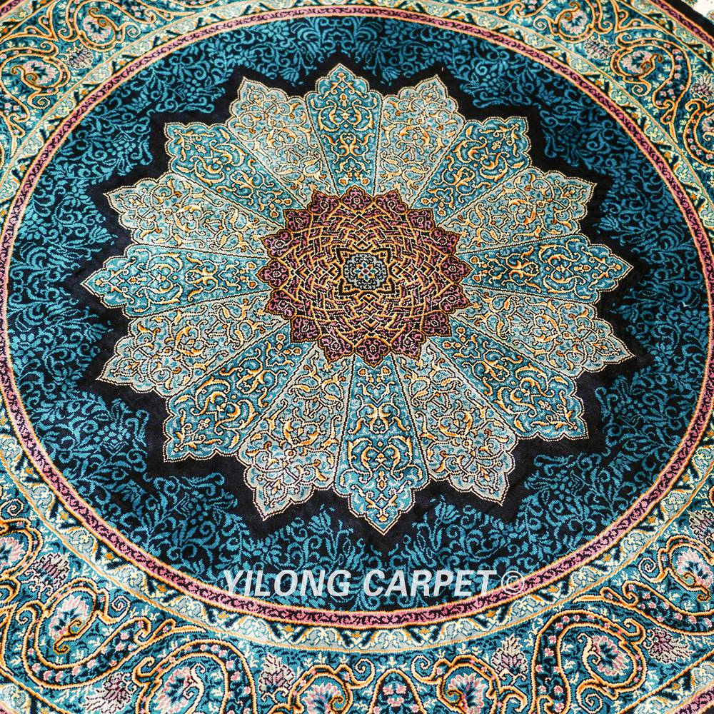 Handmade Rug Blue Silk Turkish Villa Round Carpet 4x4ft - Image 4
