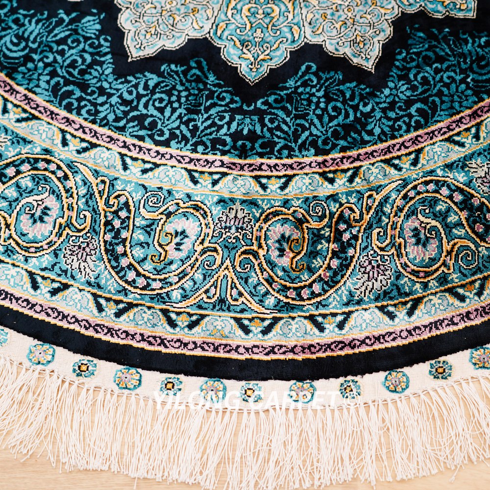 Handmade Rug Blue Silk Turkish Villa Round Carpet 4x4ft - Image 5