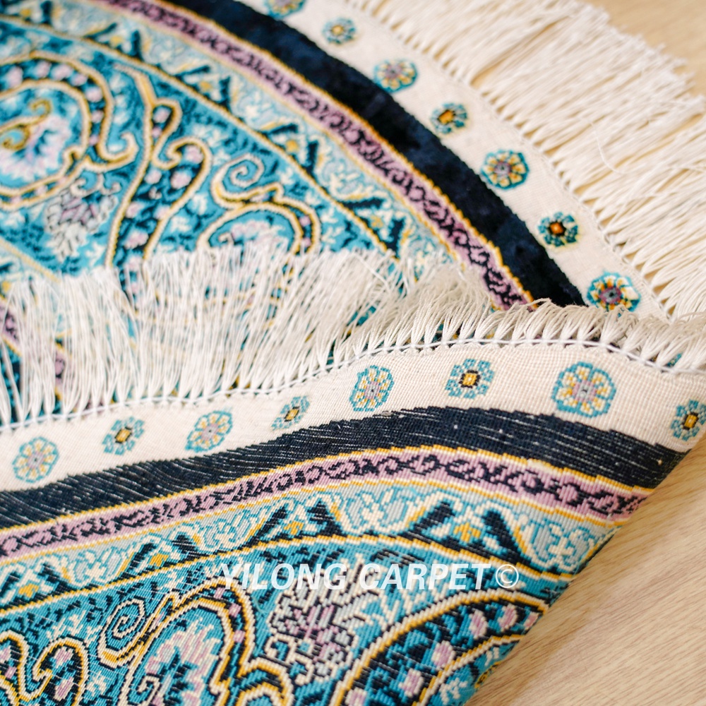 Handmade Rug Blue Silk Turkish Villa Round Carpet 4x4ft - Image 8