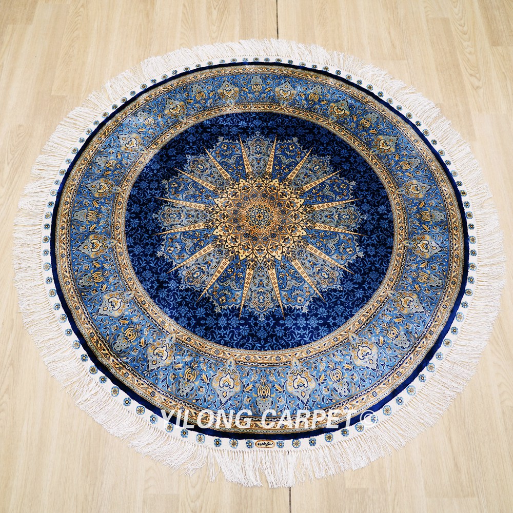 Blue Handmade Rug Silk Turkish Villa Round Carpet 4x4ft - Image 3